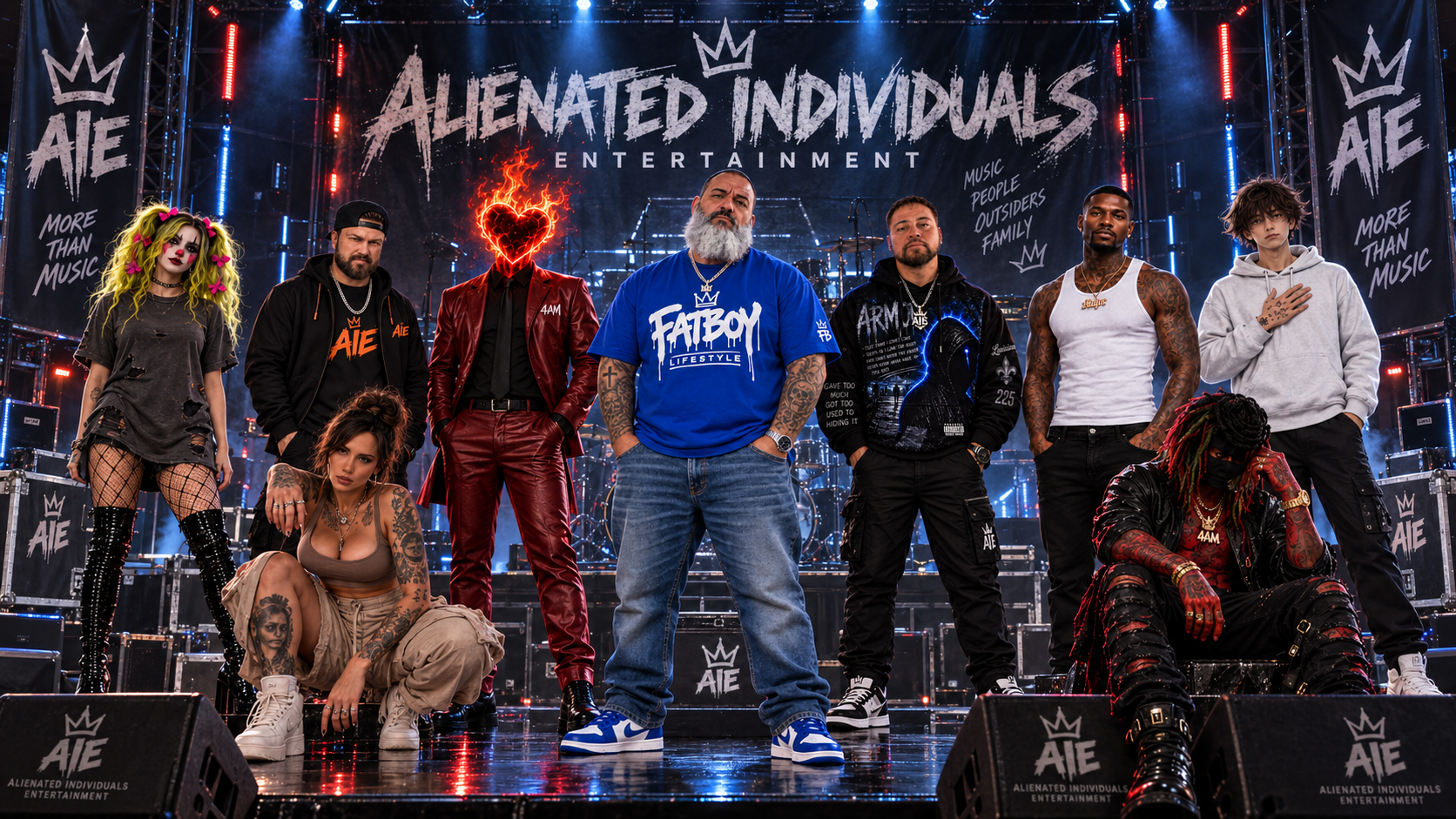 The nine AIE artists assembled on a concert stage beneath the Alienated Individuals Entertainment banner