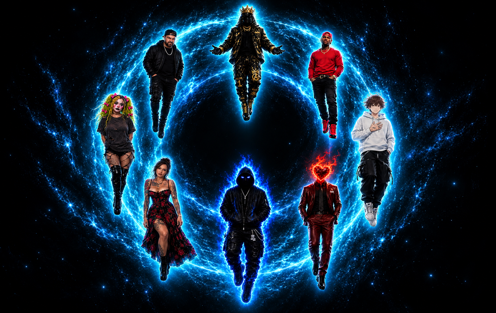 The eight AIE artists arranged in an orbital formation over a swirling blue galaxy