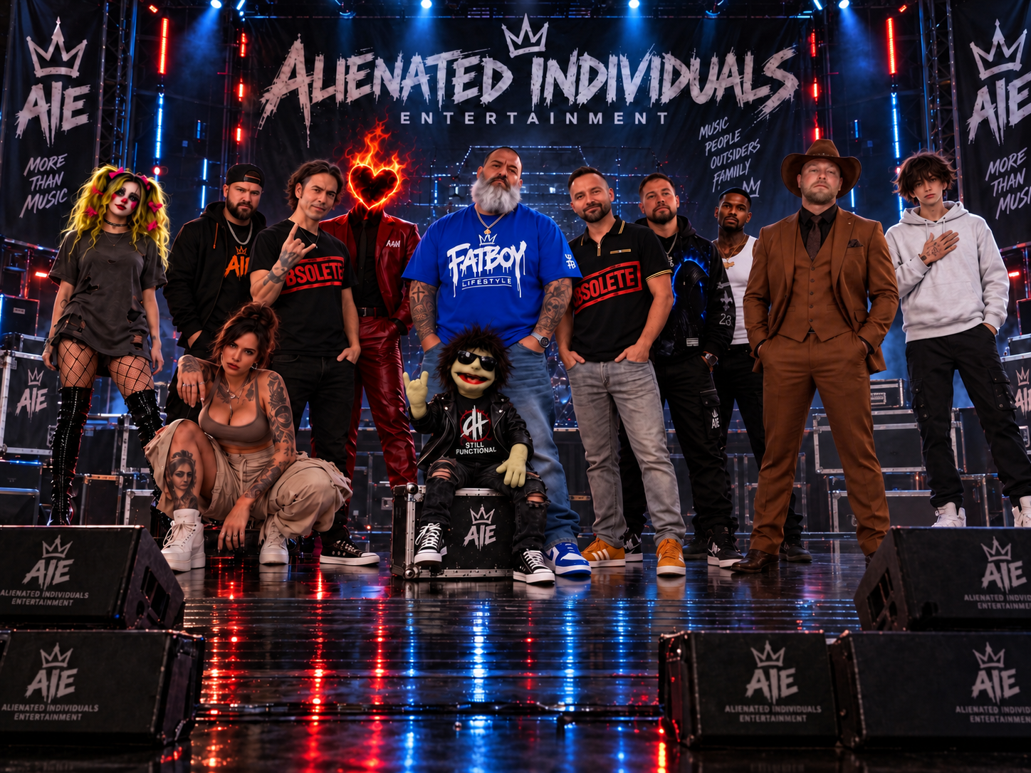 The AIE artists assembled on a concert stage beneath the Alienated Individuals Entertainment banner